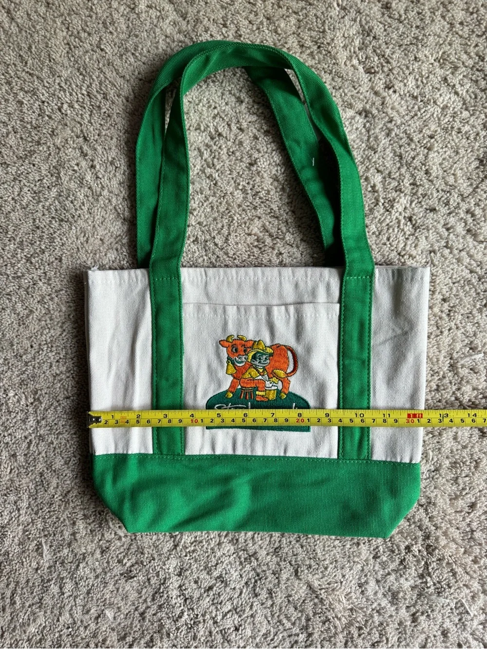 Stew Leonard’s Mini Canvas Tote with Green Trim and Embroidered Cow - Picture 3 of 5
